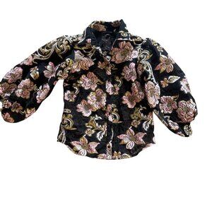 Boston Proper Black & Pink Floral Embroidered Button-Up Blouse Jacket Sheer Size